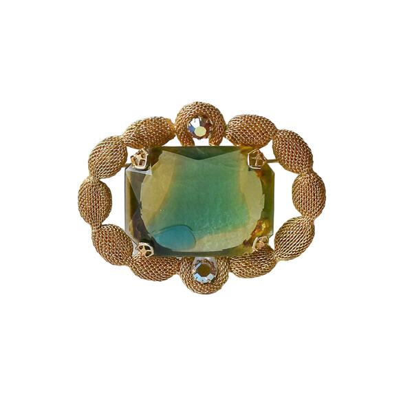 1960s Art Glass Brooch: Gold Plated Mesh, Aurora Borealis Rhinestones - Picture 3 of 3